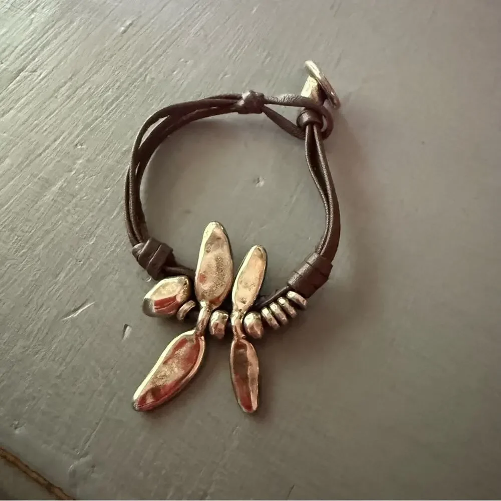 Uno de 50 Brown Leather Silver Dragonfly Bracelet